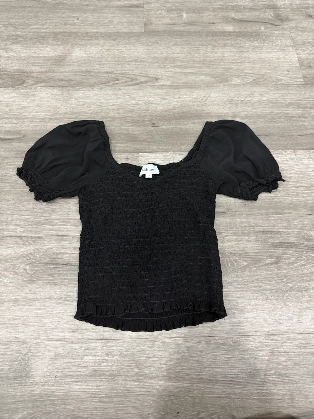 bohme Black Smocked Puff-Sleeve Square-Neck Blouse